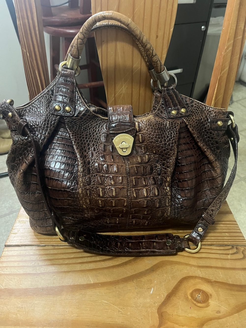Brahmin Dagny Hobo Satchel Leather Embossed Croc Chocolate